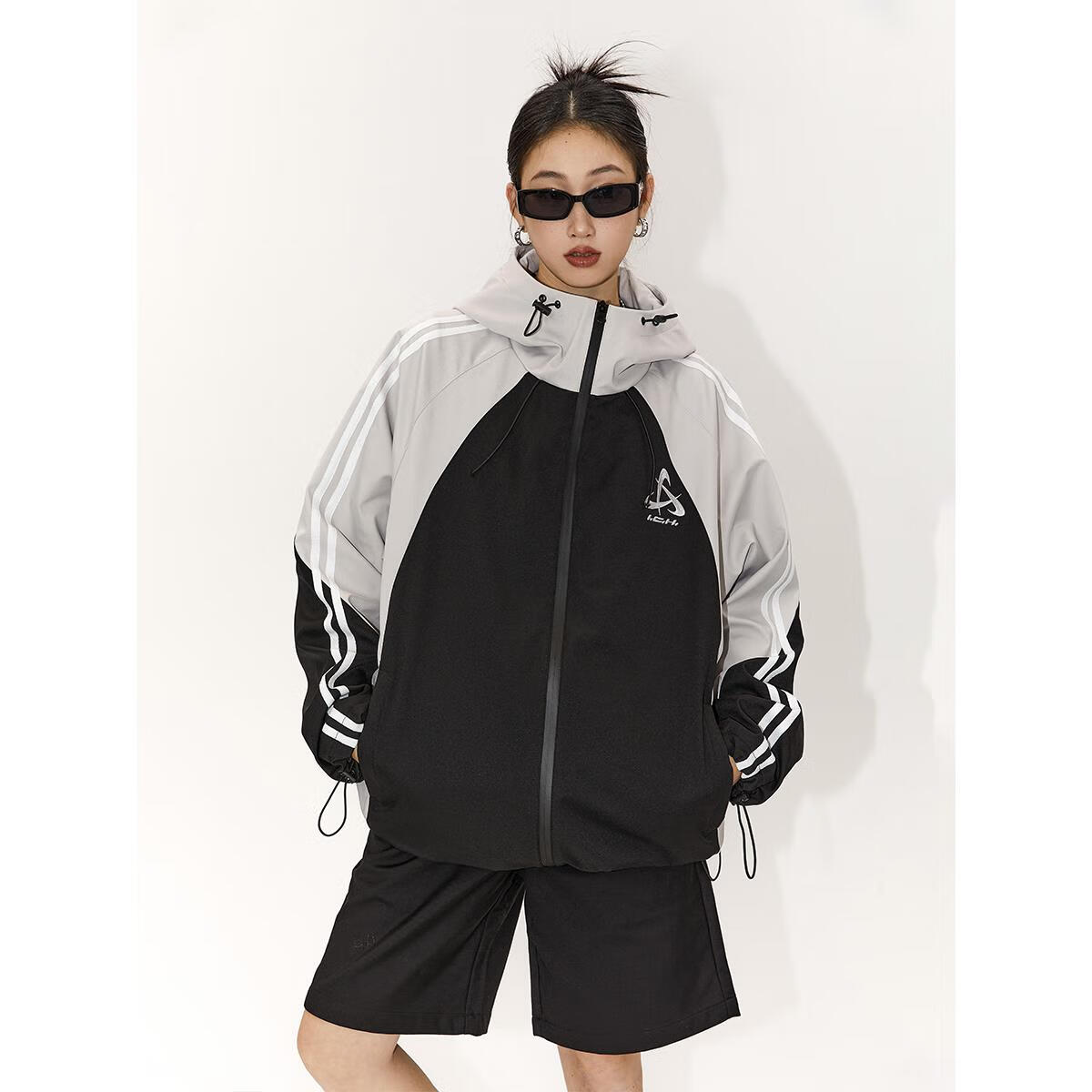 ICH MODE美式连帽冲锋衣外套女春秋宽松运动户外防风机能夹克男 黑色 M