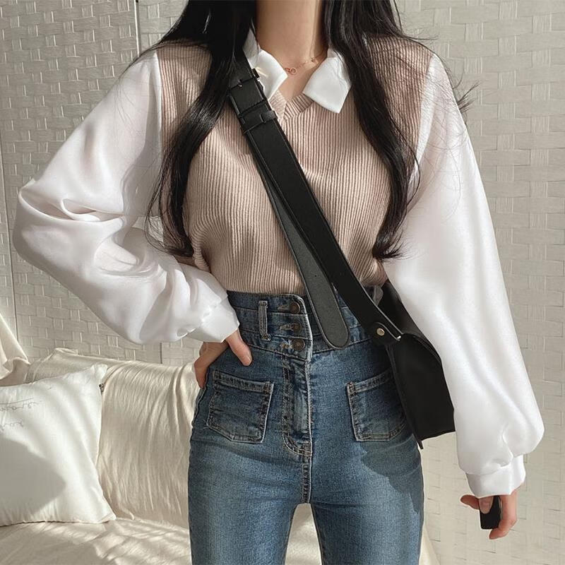 思织沁长袖T恤条纹假两件polo领卫衣女宽松高街翻领百搭别致高级感上衣 蓝色 S