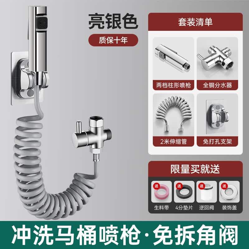 富格威增压马桶冲洗喷枪伴侣一进二出卫生间水龙头高压喷水枪家用冲厕所 亮银喷枪*分水器+2米伸缩管+支架 全铜增压