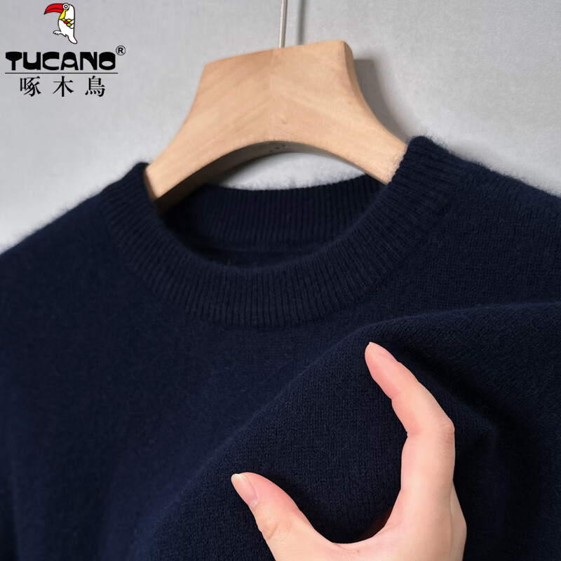 啄木鸟长袖毛衣男圆领纯色加厚男士针织衫冬季中年宽松非羊保暖毛衫绒衫 黑色 加厚 3XL (185) 推荐170-185斤