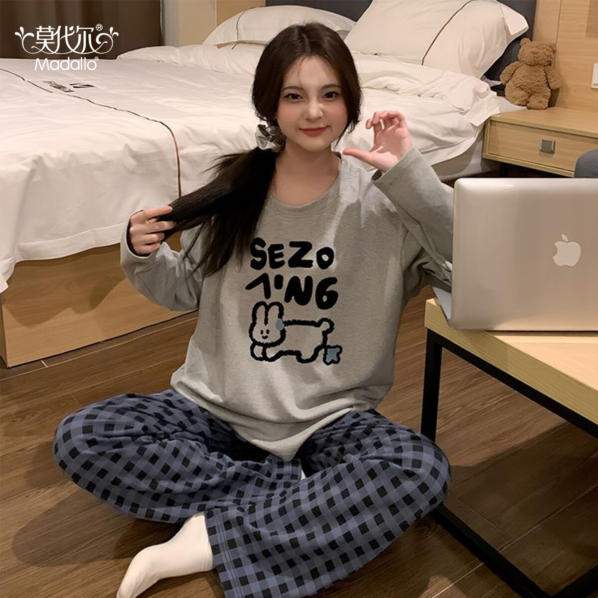 莫代爾睡衣女士春夏長袖格子小兔韓版學(xué)生套裝25新品少女風(fēng)甜美家居服XL