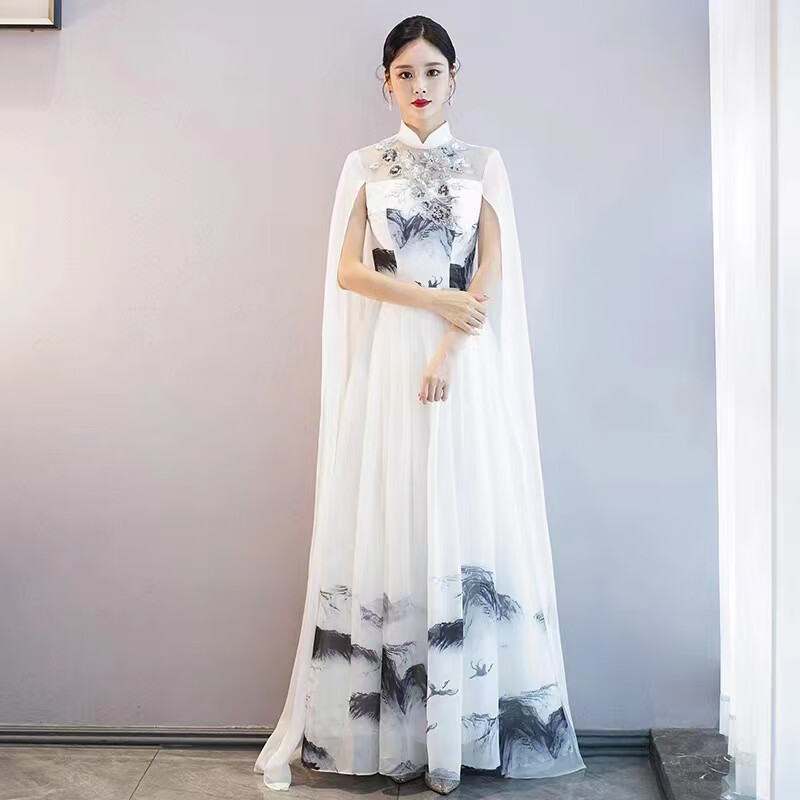 筑凡古箏演出服成人中國風演奏禮服藝考表演服飾大合唱團合唱指揮禮服 白色 3XL