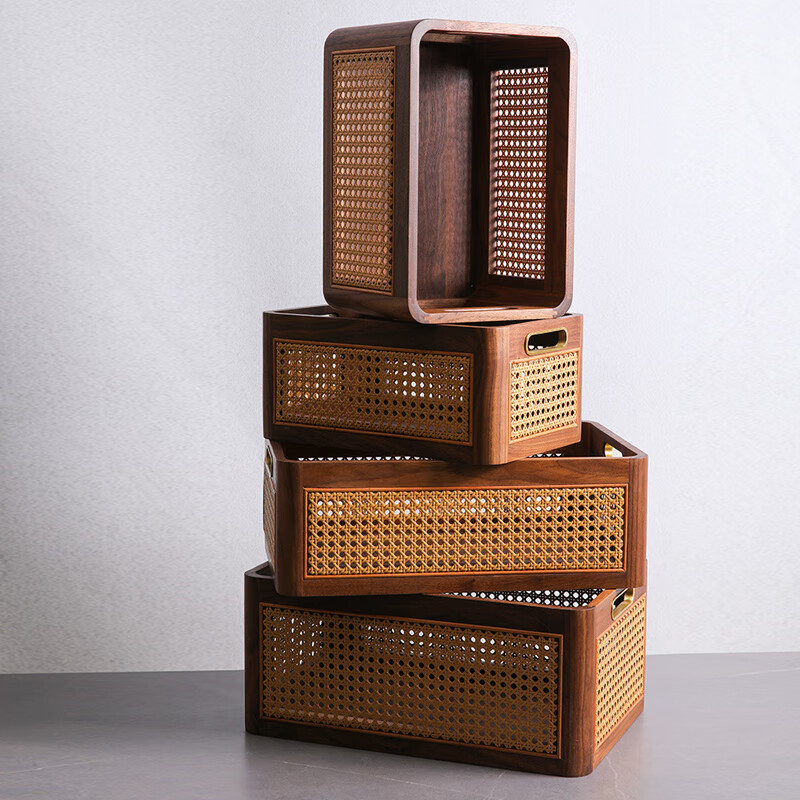 LIUIUSU手工实木藤编收纳篮 黑胡桃木高级轻奢衣物收纳筐桌面整理杂物筐 藤木筐-大号高款（45*30*20cm）