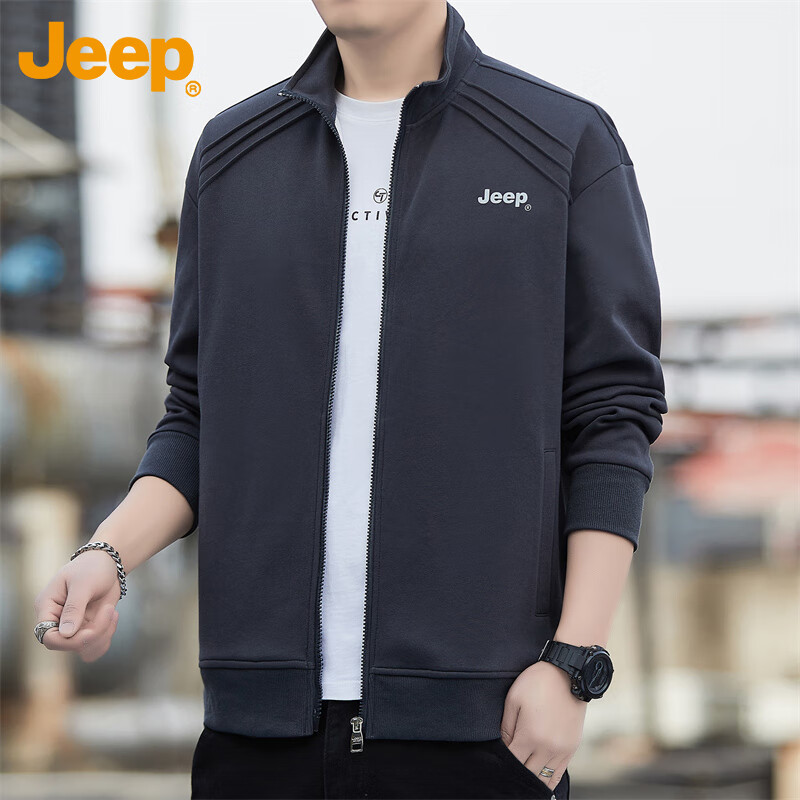 吉普(JEEP)美国正品Jeep高端美式潮牌开衫卫衣男士春夏立领户外运动外套上衣 深灰色【官方正品】 XL 推荐135-150斤