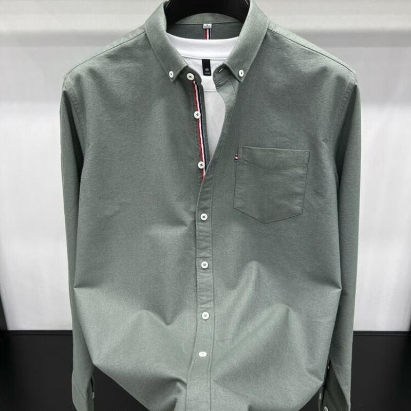 TOMMY JEANS汤米希凯利男士衬衫春秋季休闲全棉免烫口袋商务长袖衬衣男装上衣 绿色 4XL 58190 210斤