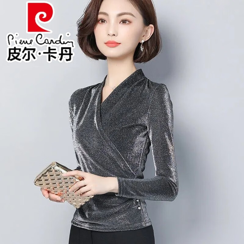 皮爾卡丹（pierre cardin）2025春秋裝新款V領(lǐng)長袖T恤女修身網(wǎng)紗打底衫女士亮絲上衣韓版洋氣 灰色-A M