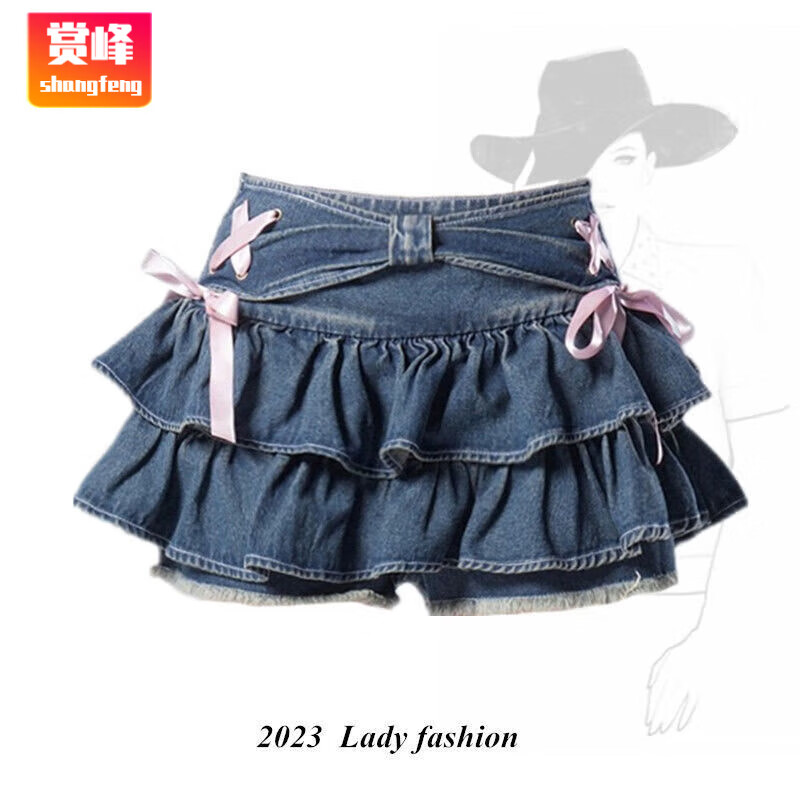 賞峰少女玩偶藍(lán)色牛仔百褶裙 辣妹a字顯瘦短裙設(shè)計(jì)感半身裙褲蓬蓬裙 藍(lán)色牛仔 312 S