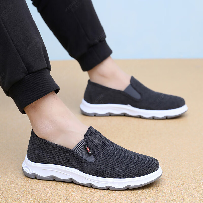 意迪森老北京爸爸鞋春季新款高端商务休闲鞋亲肤条绒鞋面透气艾草鞋垫 灰色 单层 38 (240mm)