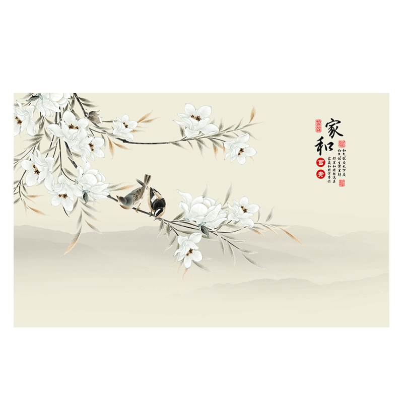新福壁海新款新中式電視背景墻壁紙花鳥墻紙客廳山水壁布影視墻布定制壁畫 推薦款5 定制