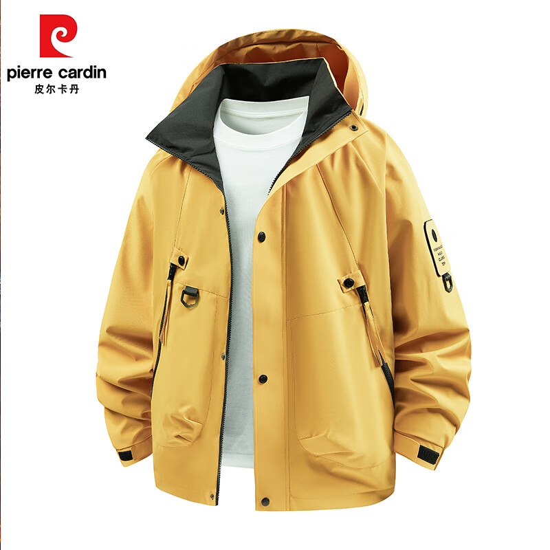皮尔卡丹户外冲锋外套男春秋新款跑步外套防泼水夹克登山服男开衫连帽上衣 黑色 4XL