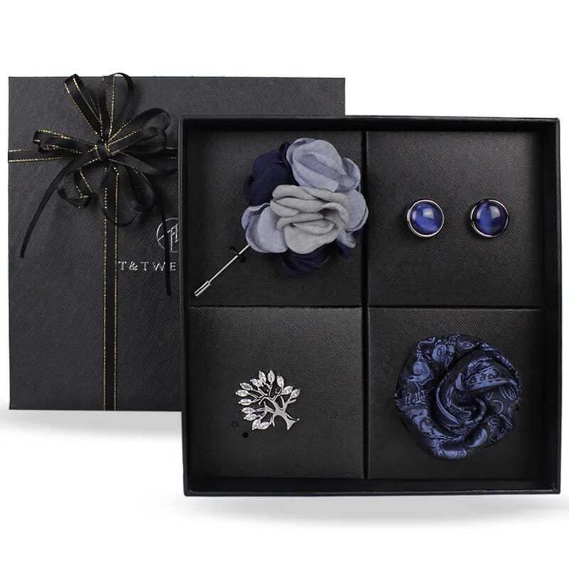 T&Twenties法式袖扣领带夹套装礼盒 男士法式衬衣袖钉衬衫袖口钉cufflinks 05#深蓝猫眼袖扣套盒