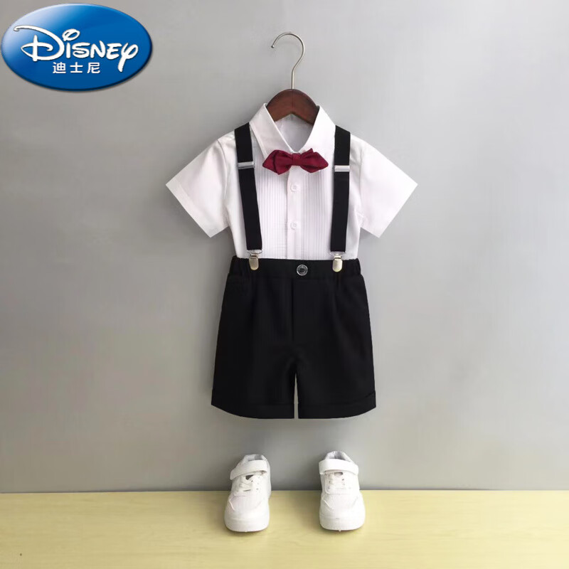 迪士尼（Disney）兒童男童禮服套裝英倫風(fēng)主持人走秀鋼琴演出服夏季花童服裝小西裝 白色風(fēng)琴短袖+黑色短褲+背帶+紅 110cm