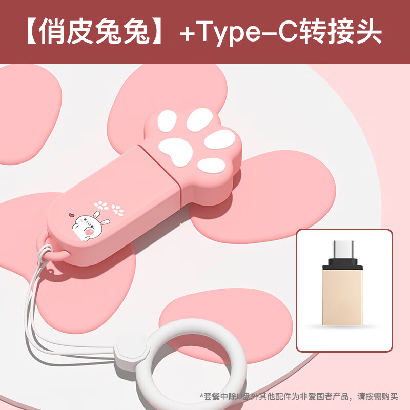 爱国者（aigo）u盘可爱卡通猫爪情侣迷你u盘车载电脑系统学习办公送礼大容量手机优盘 【俏皮兔兔】+Type-C转接头 64GB