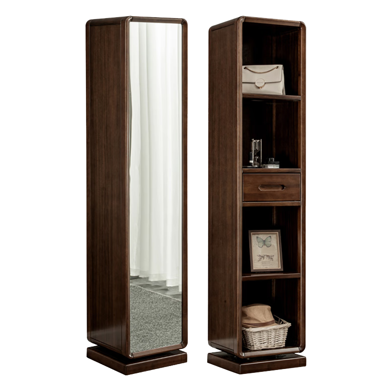 良工北美黑胡桃木全實(shí)木旋轉(zhuǎn)穿衣鏡家用落地玄關(guān)全身鏡臥室書架置物架