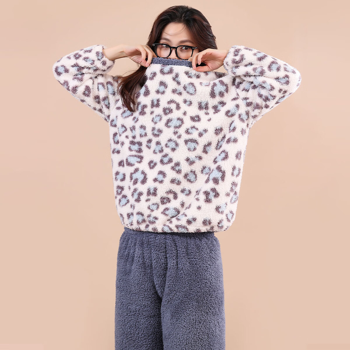 顶瓜瓜睡衣女珊瑚绒冬季加绒加厚法兰绒休闲女士家居服套装 ADL  斑点蓝 L 【建议100-120斤】