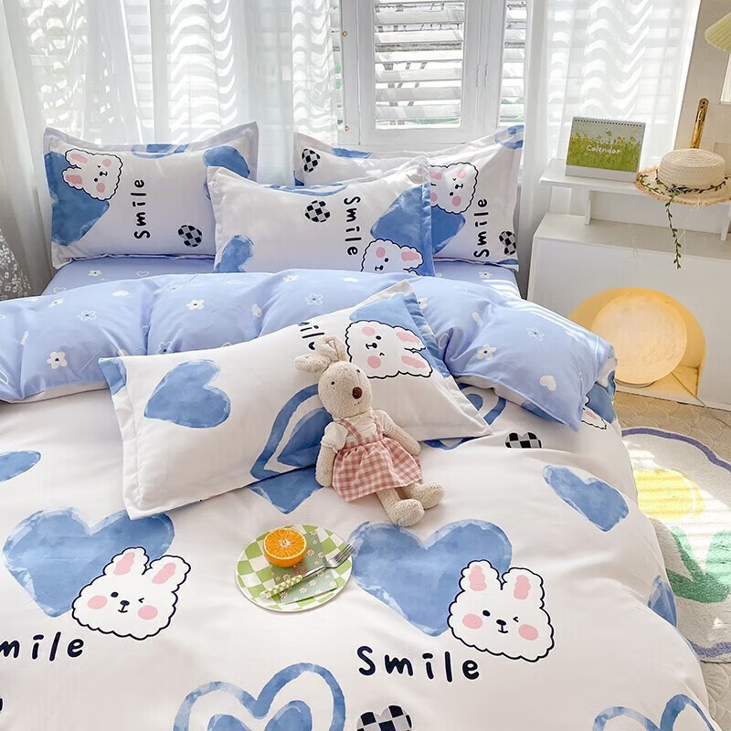 软贝 小清新四件套 透气亲肤 印花卡通简约田园套件被套床单床上用品 甜心小熊 床单款 1.2m三件套(被套150*200cm
