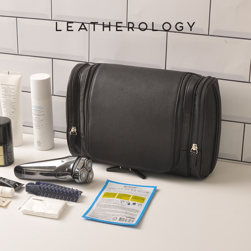 LEATHEROLOGY牛皮可挂式洗漱包男旅行收纳袋便携大容量手提化妆包定制老师礼物 玛瑙黑L号 京东折扣/优惠券
