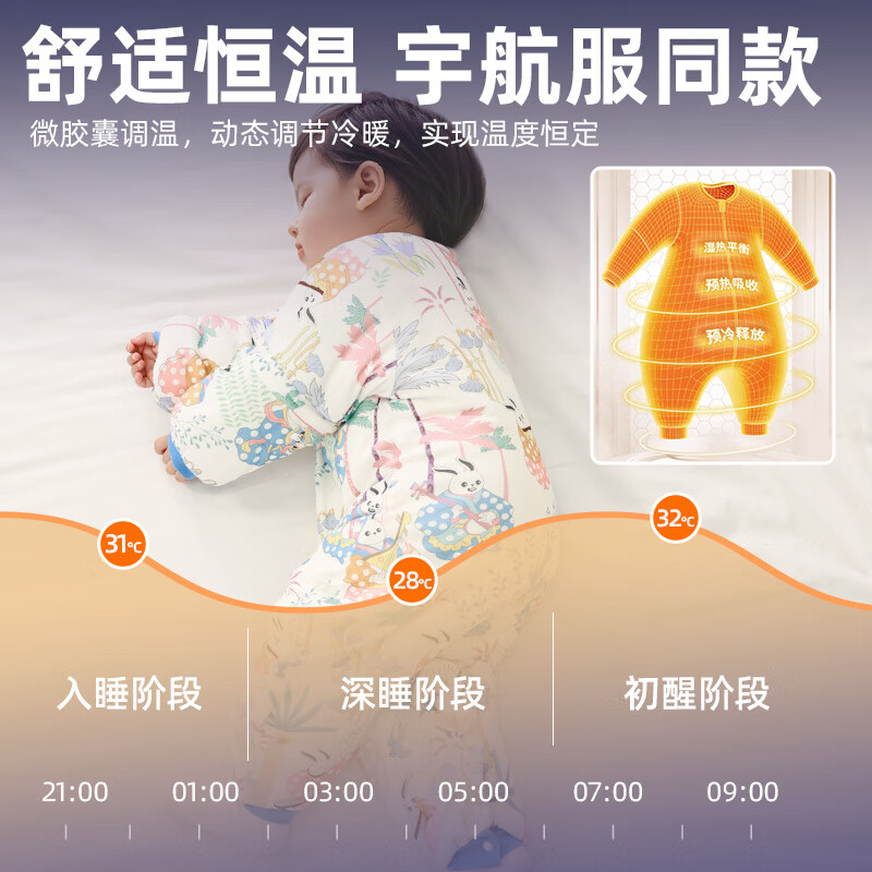 盟石（cute stone）宝宝恒温睡袋婴儿冬季儿童1-3-6岁分腿防惊跳新生儿睡衣防踢包被 独角鹿鸣【天竹×恒温/260g】 90码【空调房加厚 室温15℃】