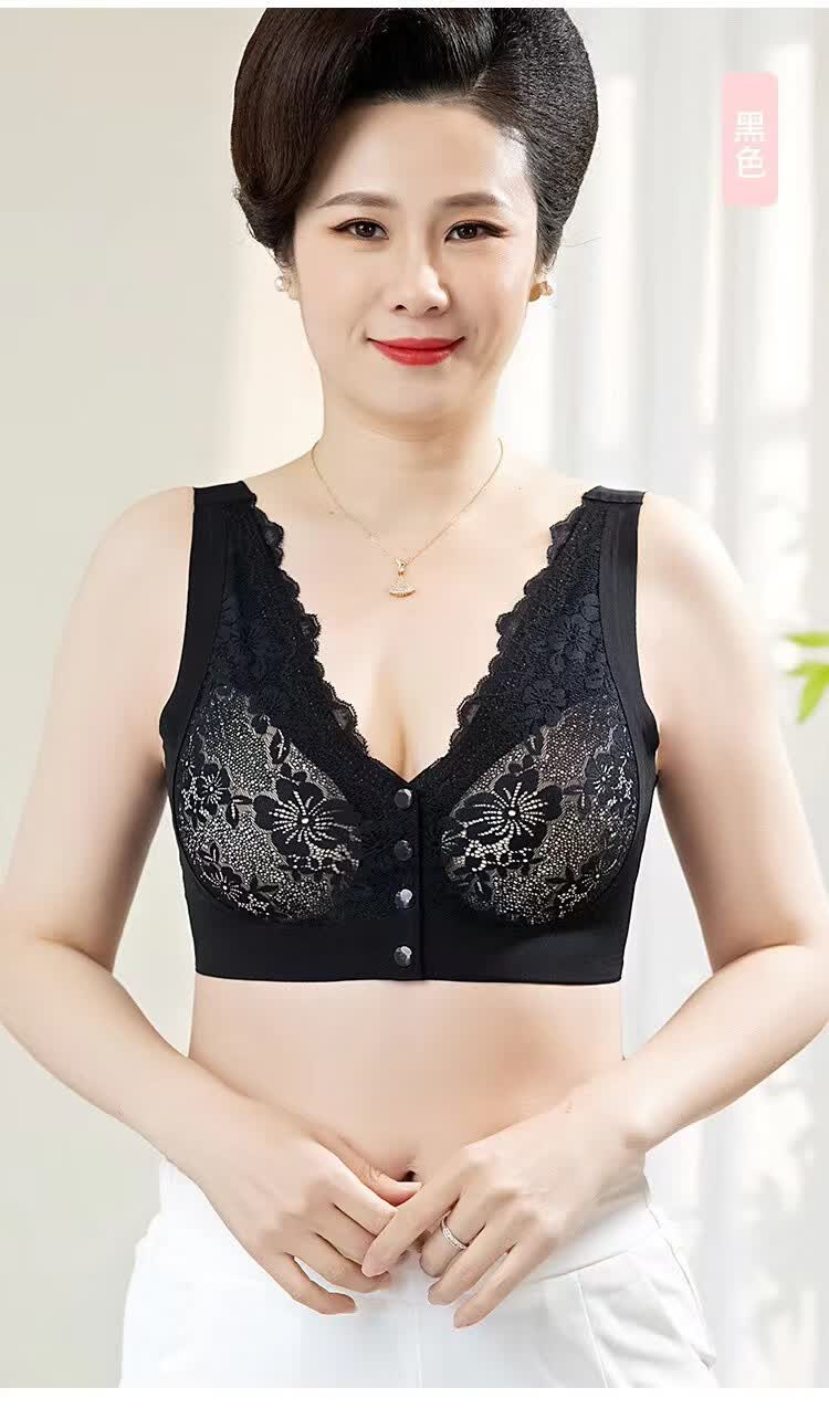 凯媄姻(KAYMIENN)妈妈文胸内衣年人便前开扣款蕾丝无痕无钢圈中妇女大码背心文胸 黑色 L (100-120斤)