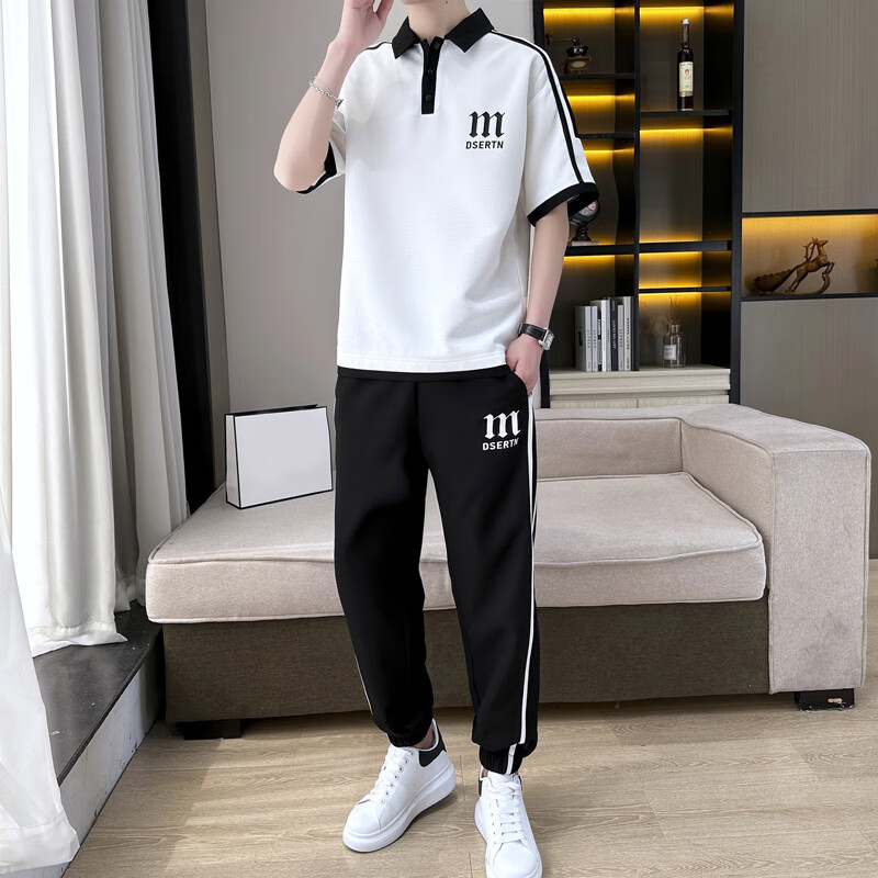 坐悠初中生t恤男青少年夏季套裝12-15歲男孩衣服13初高中學(xué)生短袖14大 F3白黑（短.袖+長褲） XL (120-140斤左右)