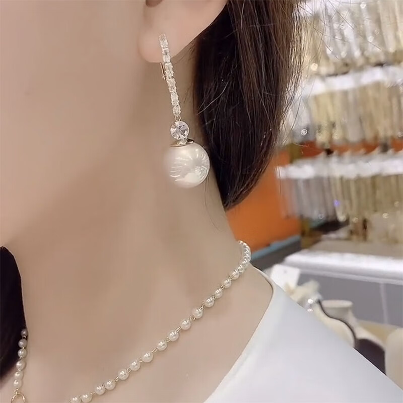 SNQP圆脸大脸适合耳环感大气镶钻香槟色珍珠耳环新款潮气 金色香槟珍珠银针