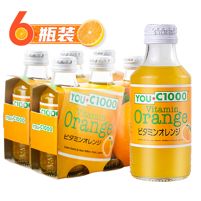 YOU.C1000印尼进口柠檬味汽水 维生素C1000柠檬橙子味气泡水玻璃瓶碳酸饮料 橙子味140mL*6瓶