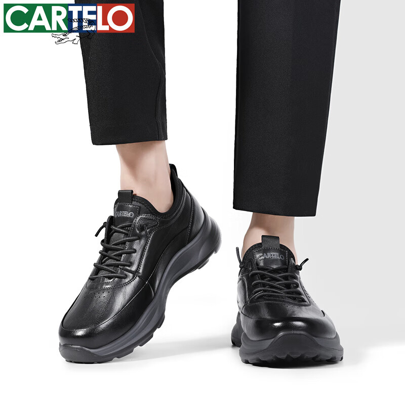 卡帝乐鳄鱼新款春秋休闲皮鞋男士时尚百搭软底鞋子舒适男士商务黑色真皮男鞋 黑色 42