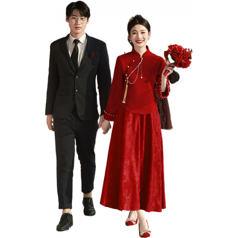 季節(jié)里訂婚衣服女胖妹妹紅色敬酒服2024新款新娘旗袍孕婦出閣宴中式禮服 酒紅色X0523長款長袖 M