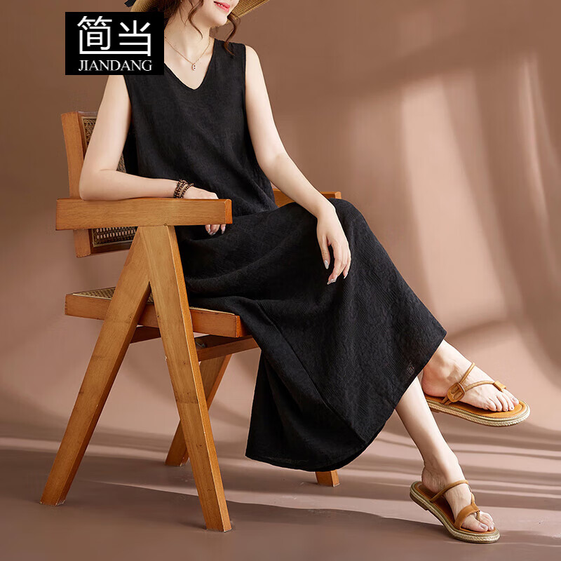簡當(dāng)（JIANDANG）大碼女裝夏季胖MM舒適純色提花復(fù)古休閑顯瘦顯白背心連衣裙9228 黑色 大碼均碼【170斤以下】