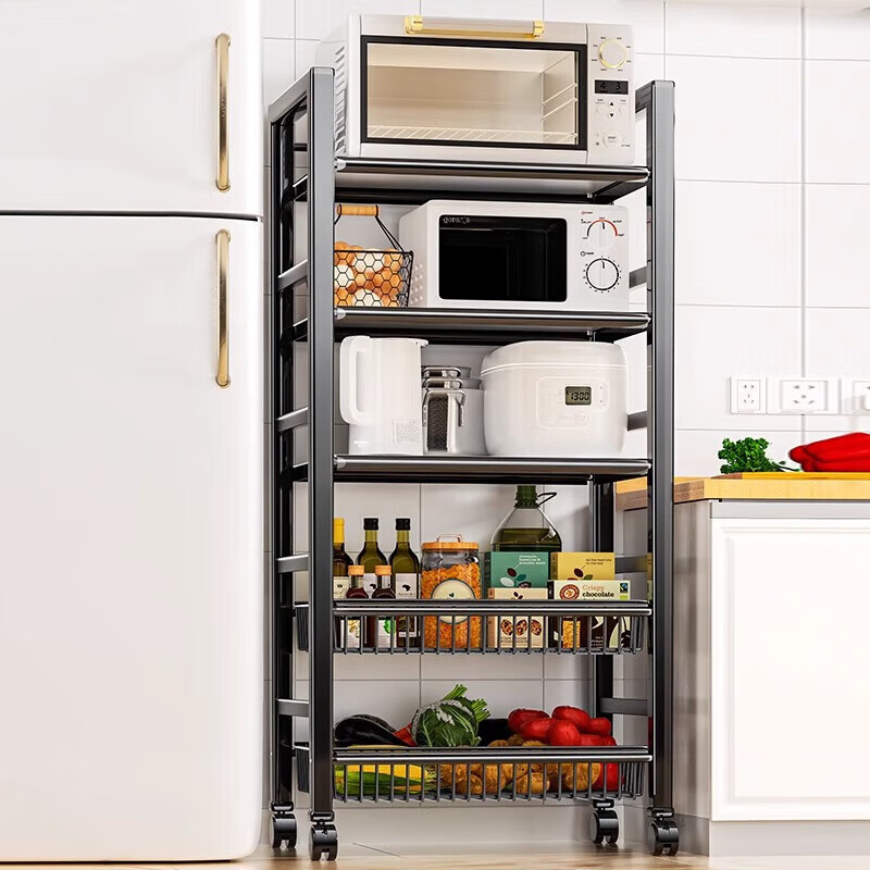 邦林纳厨房置物架子多层落地可移动小推车蔬菜收纳架家用多功能用具大全 60长3网1板【加厚款】送挂盒