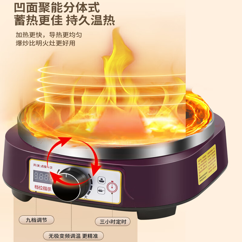 榜一鸣电炒锅不粘锅分体式凹面火锅家用蒸煮煎炸炖涮新款定时插电多功能炒菜专用一锅多用2100W大功率 铸铁款32cm带一个笼