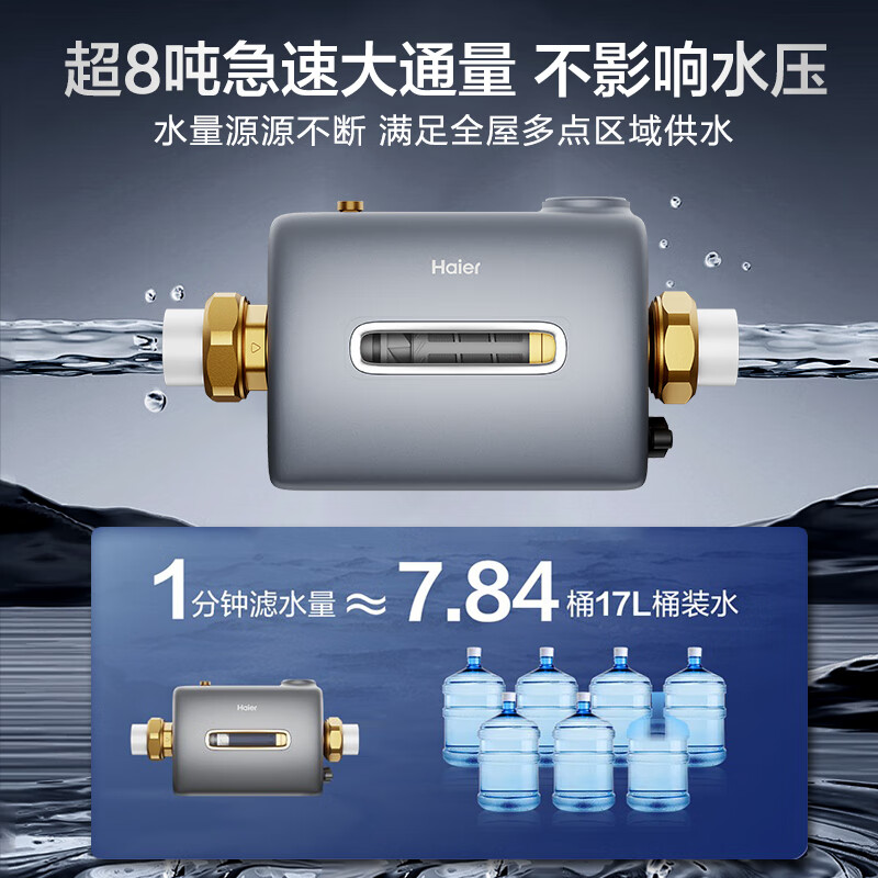 海尔顶配新款上市前置过滤器自动清洗净水器 家用全屋自来水过滤器小横星 W12系列 9T/h净水机包安装 【9T大通量】万向安装双核过滤