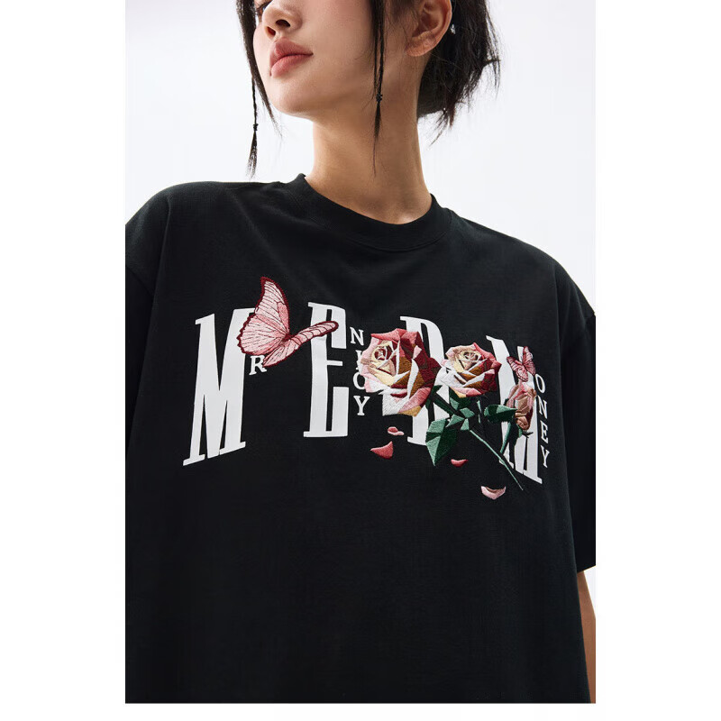 MEDM24SS折纸切片玫瑰蝴蝶刺绣短袖T恤男女同款夏季美式复古半袖 白色 (内有衬布) XL