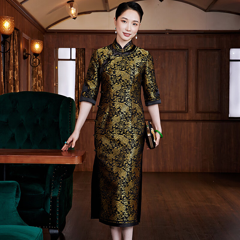玺玥2025春季【非遗宋锦】中国风传统古典手工旗袍高端名媛连衣裙 黑金色 2XL