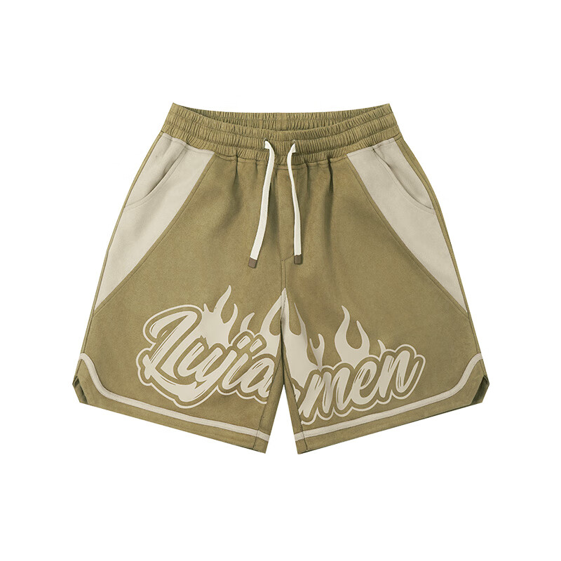 鹿家門新款麂皮絨重磅短褲男夏季休閑印花籃球褲寬松運(yùn)動(dòng)四分褲 卡其色 M (90-140斤)