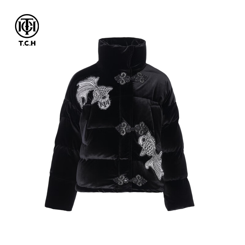 TCH真5折服饰新中式烫钻锦鲤立领白鸭绒设计感加厚羽绒服外套潮秋冬 黑色 S
