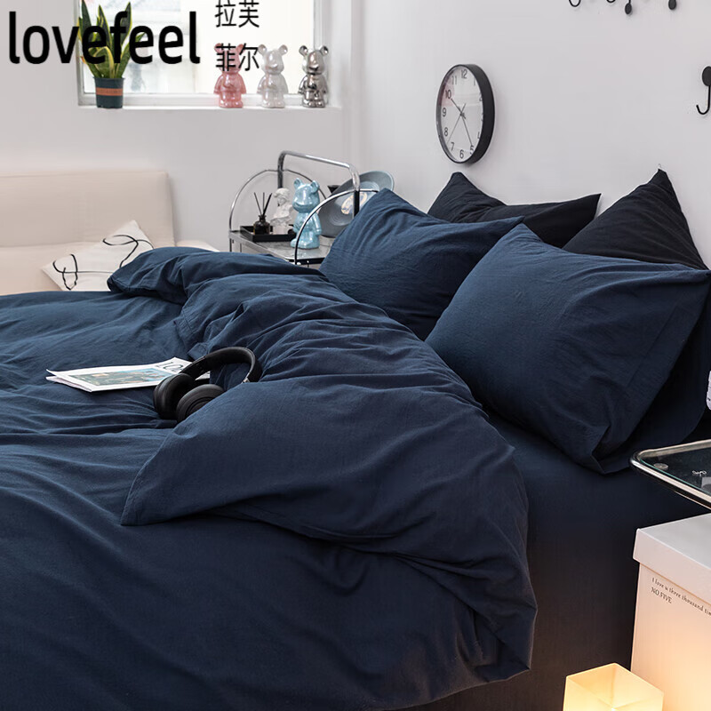 拉芙菲爾A類新疆棉四件套親膚床單被套被罩單雙人居家1.5/1.8米床上用品 藏青【四季通用 親膚透氣】 1.2m床單款三件套150*200cm