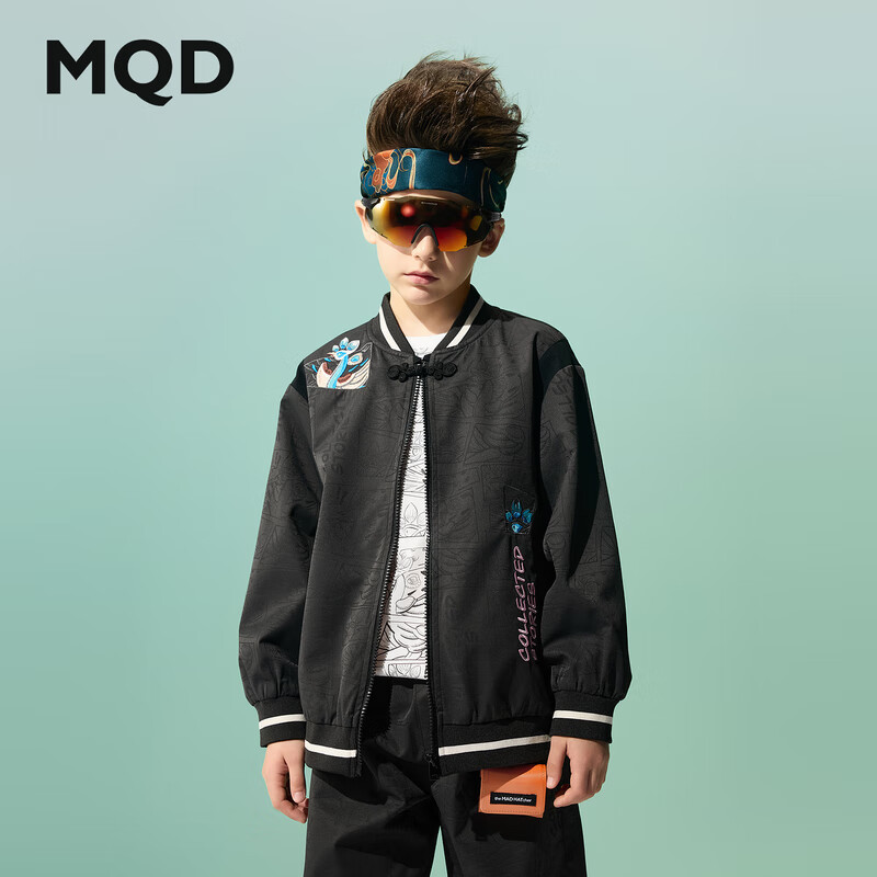 马骑顿（MQD）【国潮系列】MQD童装男童棒球外套2025春秋季新款儿童国风刺绣上 黑色 150