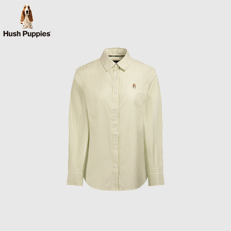 暇步士(Hush Puppies)【休闲简约】女装2025春秋棉感条纹彩色长袖衬衫 芦苇绿 M