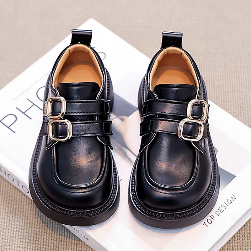 大黃蜂女童鞋樂福鞋2025新款春季洋氣軟底兒童小皮鞋女孩時尚單鞋中大童 黑色 23