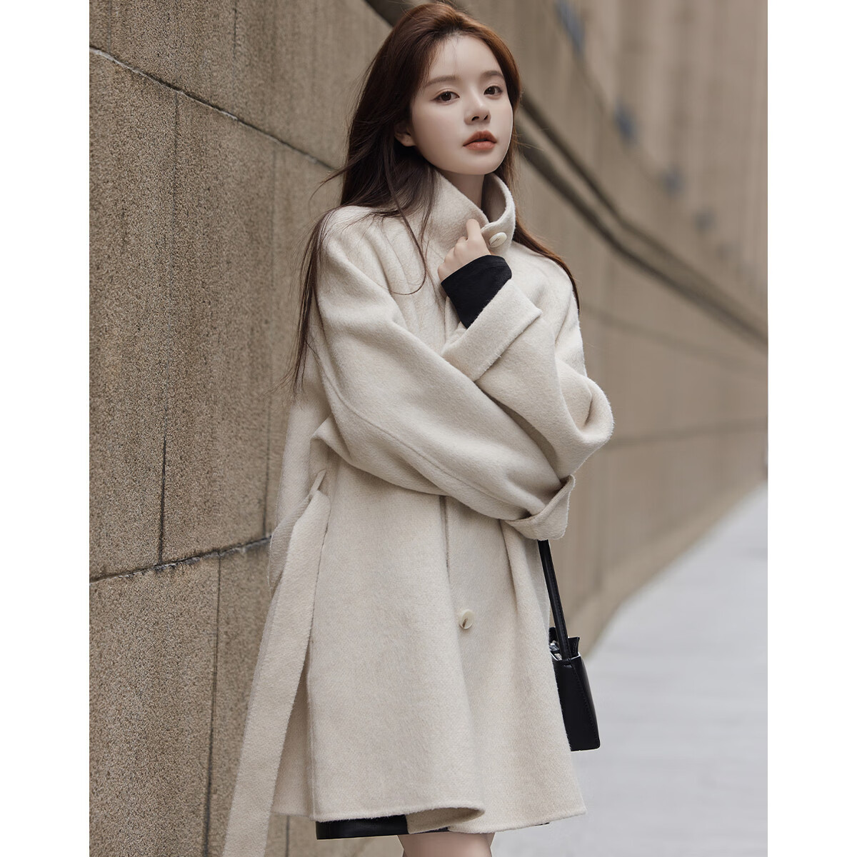 德玛纳【立领羊毛双面呢】秋款时尚中长款毛呢大衣外套女 奶杏色 M 