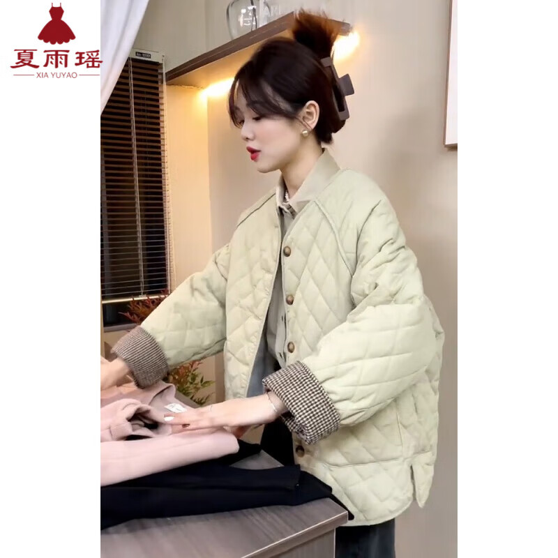 夏雨瑶今年流行的棉袄2025秋冬季新款小香风韩系穿搭菱格棉服夹棉外套女 绿色外套 L 建议125-135斤