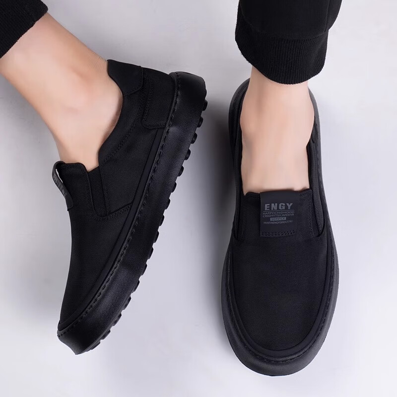 LZXB品牌断码清仓轻奢男鞋板鞋休闲帆布鞋潮鞋一脚蹬男士老北京布鞋男 黑色莱卡布面-【高端男鞋】 42