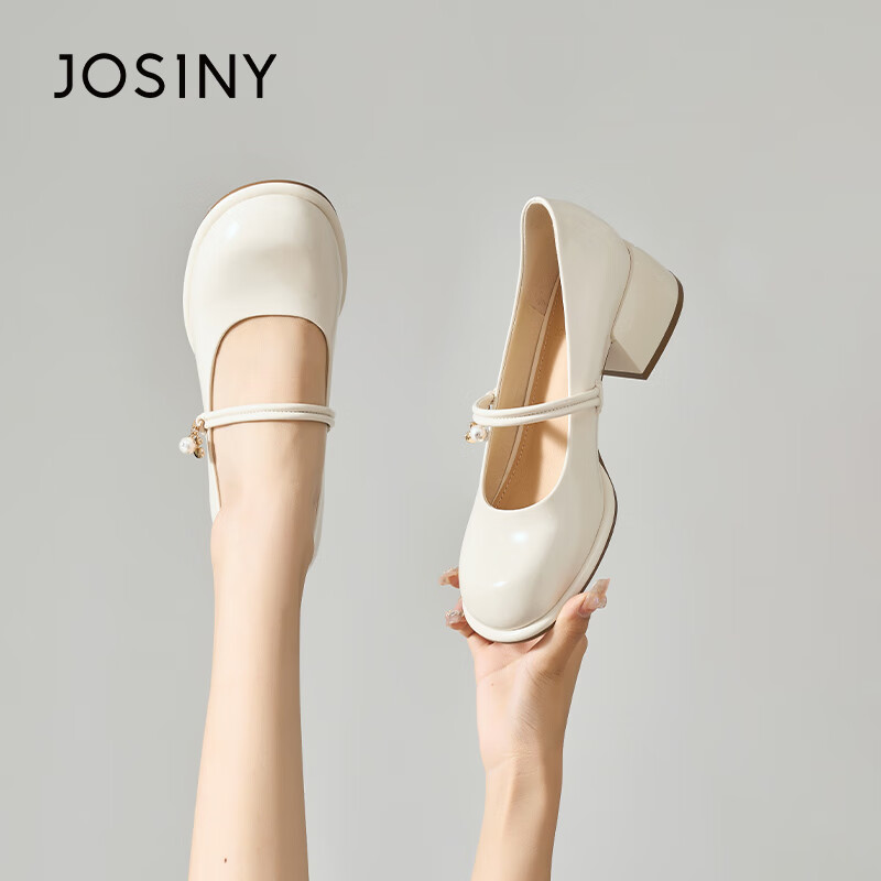 卓詩尼（Josiny）法式粗跟瑪麗珍女鞋秋季新款中高跟紅色單鞋女結(jié)婚鞋 米白[跟高4.5CM] 34
