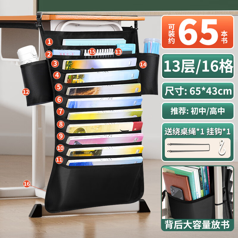 書袋桌掛課桌收納袋 書袋課桌收納學(xué)生掛書袋掛袋高中生初中書桌旁桌側(cè)面?zhèn)冗呏梦锛茏肋厧?cè)掛袋子教室用書 【2套】13層純黑/加厚牛津布-帶側(cè)兜