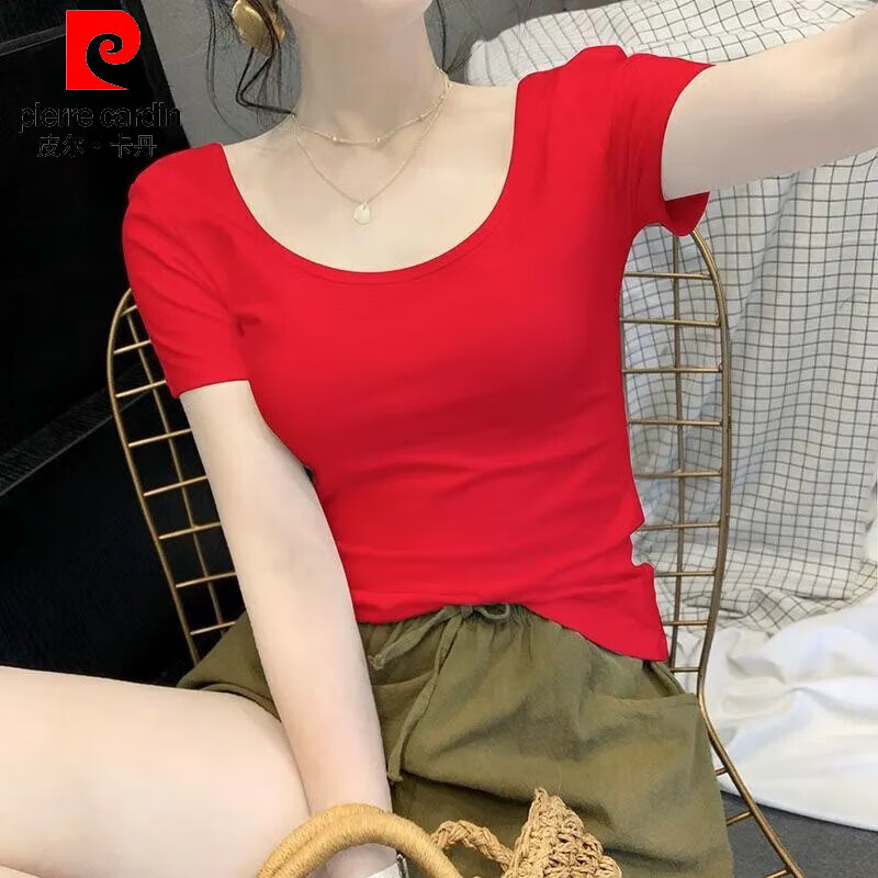 皮爾卡丹（pierre cardin）白色T恤女u領(lǐng)短袖低領(lǐng)緊身純棉純色修身2025新款大領(lǐng)口露背上衣夏 紅色純棉【不露背】 L 建議102-115斤
