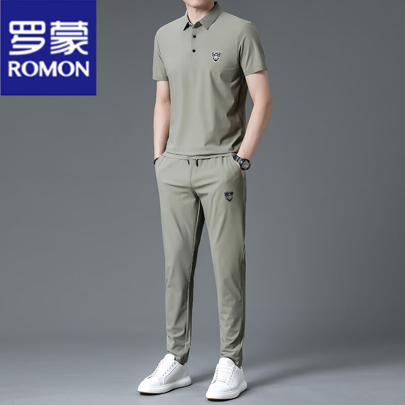 羅蒙（ROMON）桑蠶絲休閑運動套裝男夏季新款輕奢薄款短袖純色修身長褲兩件套男 軍綠 XL 175【適合體重140-160斤】
