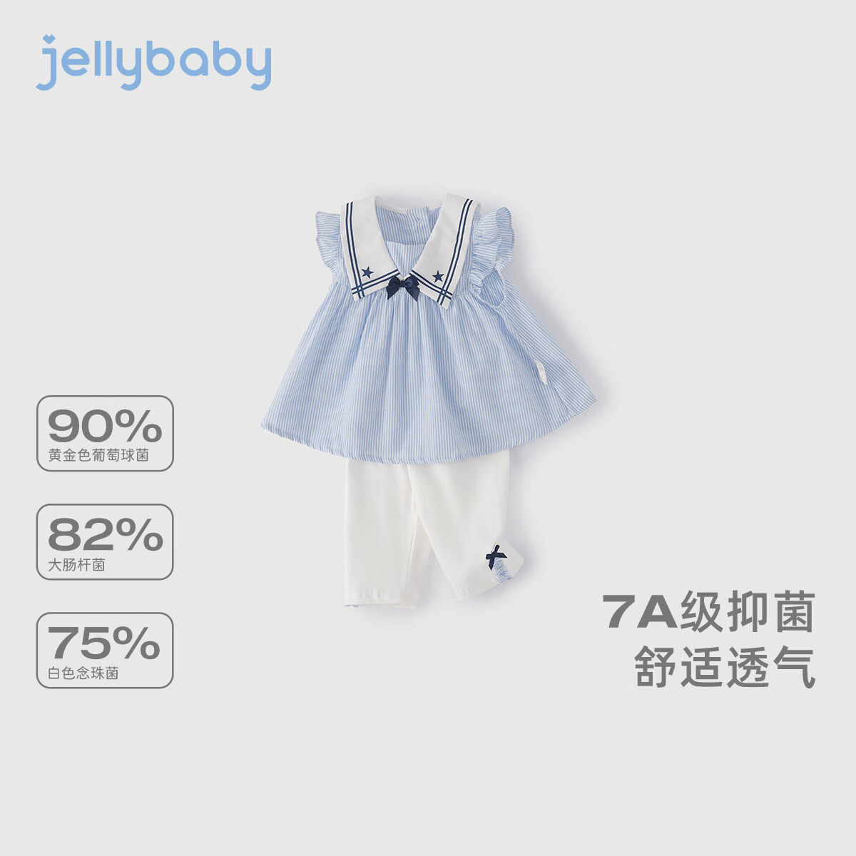 JELLYBABY[7A抗菌]女童夏装套装宝宝夏天娃娃衫打底裤小童新款儿童洋气衣服 蓝色【7A抗菌】 120