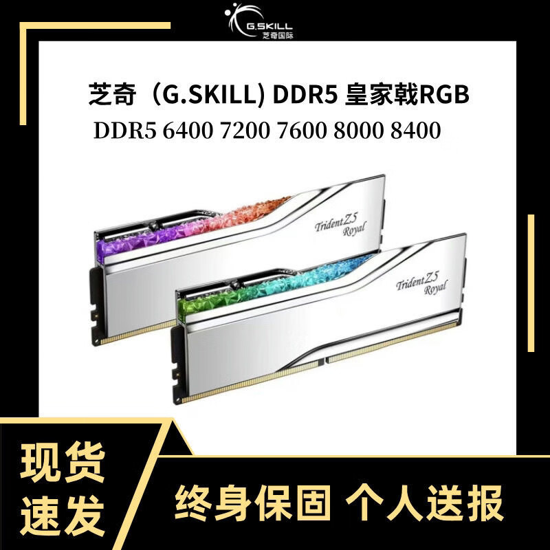 G.SKILL皇家戟DDR5 32G/48G 6400 7200 6800 8000频RGB 内存套条灯条 D5 64G(32x2)6400 C32 intel 银