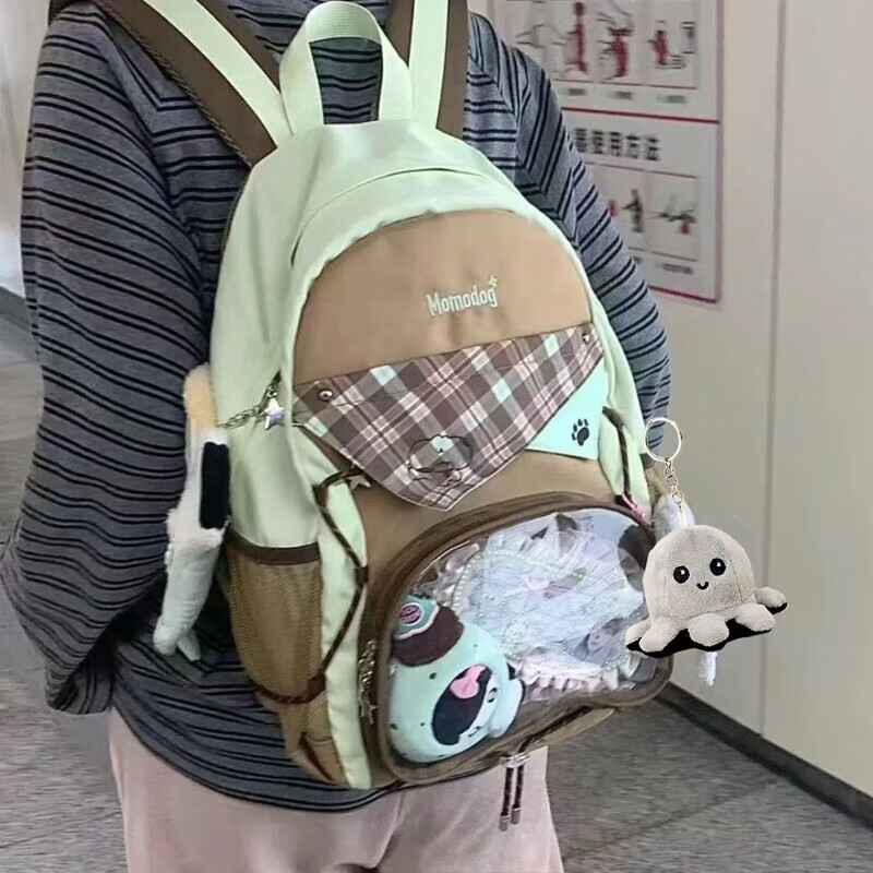 川布简慕JINMU日系二次元娃包吧唧透明痛包双肩包大容量可爱学生书包 绿咖色+小章鱼挂件
